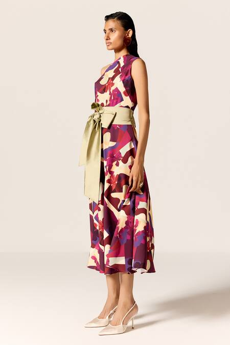 Shop Manika Nanda Multi Color Crepe, Spandex Asymmetric, One Shoulder Vela Printed Flared Dress Online at Aza Fashions Shop_Manika Nanda_Multi Color Crepe, Spandex Asymmetric, One Shoulder Vela Printed Flared Dress _Online_at_Aza_Fashions