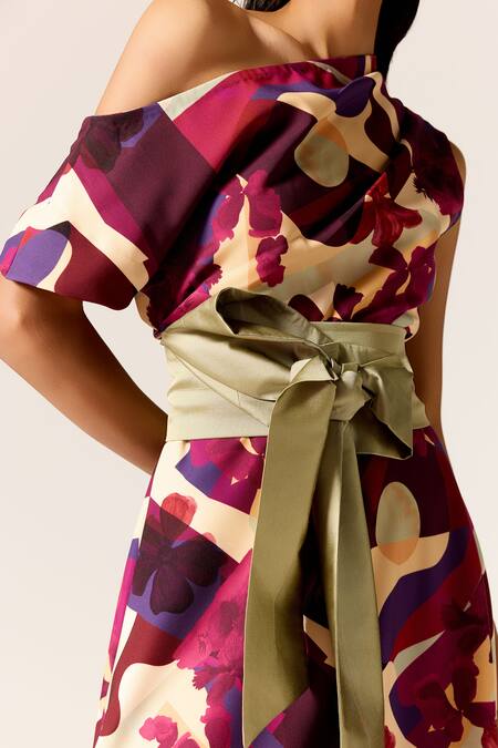 Buy Manika Nanda Multi Color Crepe, Spandex Asymmetric, One Shoulder Vela Printed Flared Dress Buy_Manika Nanda_Multi Color Crepe, Spandex Asymmetric, One Shoulder Vela Printed Flared Dress