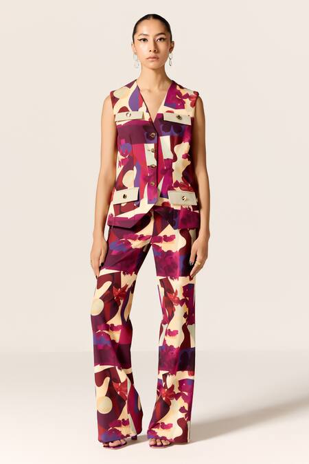 Manika Nanda Multi Color Crepe, Spandex V-neck Multicolor Orion Waistcoat Set Online at Aza Fashions Manika Nanda_Multi Color Crepe, Spandex V-neck Multicolor Orion Waistcoat Set _Online_at_Aza_Fashions
