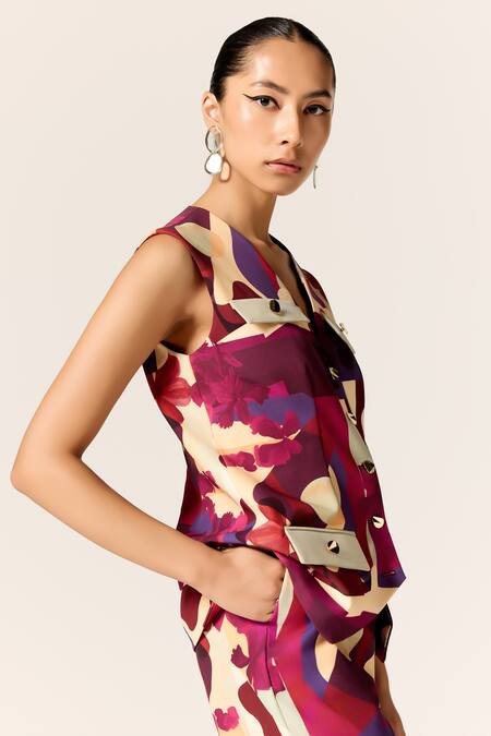 Manika Nanda Multi Color Crepe, Spandex V-neck Multicolor Orion Waistcoat Set at Aza Fashions Manika Nanda_Multi Color Crepe, Spandex V-neck Multicolor Orion Waistcoat Set _at_Aza_Fashions