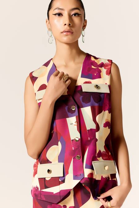 Buy Manika Nanda Multi Color Crepe, Spandex V-neck Multicolor Orion Waistcoat Set Buy_Manika Nanda_Multi Color Crepe, Spandex V-neck Multicolor Orion Waistcoat Set