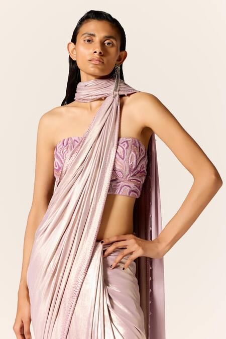 Manika Nanda Lavender Lycra Embroidery, Beads Sweetheart Neck Studded Pre-draped Saree Set Online at Aza Fashions Manika Nanda_Lavender Lycra Embroidery, Beads Sweetheart Neck Studded Pre-draped Saree Set _Online_at_Aza_Fashions