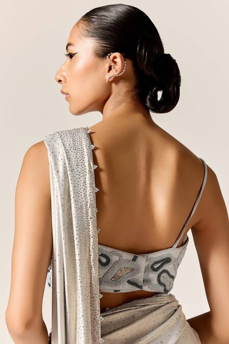 Manika Nanda_Blue Lycra Sequins, Embroidery, Beads Square Neck Studded Pre-draped Saree Set _Online_at_Aza_Fashions