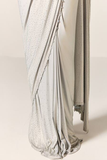 Shop_Manika Nanda_Blue Lycra Sequins, Embroidery, Beads Square Neck Studded Pre-draped Saree Set _Online_at_Aza_Fashions