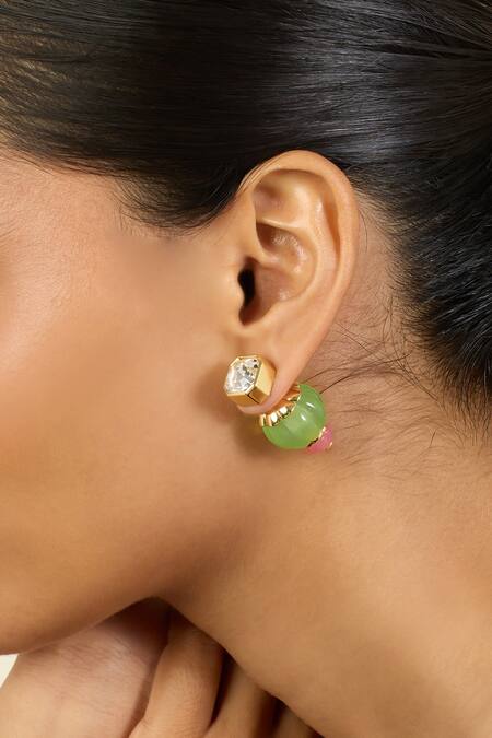 Isharya_Green Crystals Botanic Bloom Stud Earrings_at_Aza_Fashions