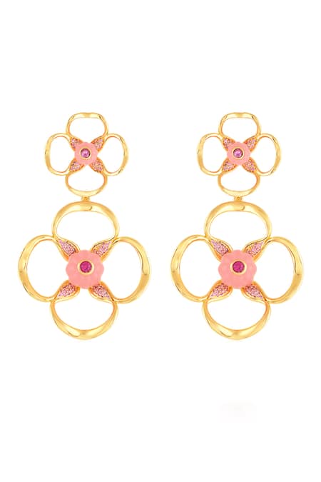 Shop Isharya Pink Rose Radiance Dangler Earrings at Aza Fashions Shop_Isharya_Pink Rose Radiance Dangler Earrings _at_Aza_Fashions