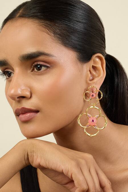 Isharya Pink Rose Radiance Dangler Earrings at Aza Fashions Isharya_Pink Rose Radiance Dangler Earrings _at_Aza_Fashions