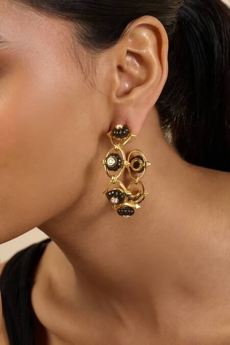 Isharya Black Stones Midnight Bloom Hoop Earrings at Aza Fashions Isharya_Black Stones Midnight Bloom Hoop Earrings _at_Aza_Fashions