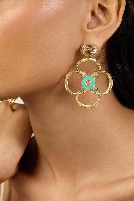 Isharya Gold Plated Stones Midnight Bloom Dangler Earrings at Aza Fashions Isharya_Gold Plated Stones Midnight Bloom Dangler Earrings _at_Aza_Fashions