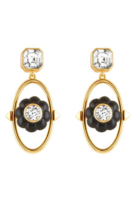 Shop Isharya Black Crystals Noir Flora Dangler Earrings at Aza Fashions Shop_Isharya_Black Crystals Noir Flora Dangler Earrings_at_Aza_Fashions