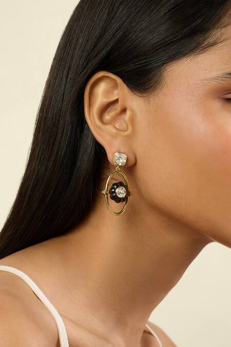 Shop Isharya Black Crystals Noir Flora Dangler Earrings Online at Aza Fashions Shop_Isharya_Black Crystals Noir Flora Dangler Earrings_Online_at_Aza_Fashions