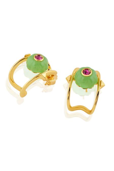 Isharya_Green Stones Verdant Charm Huggie Hoops_Online_at_Aza_Fashions