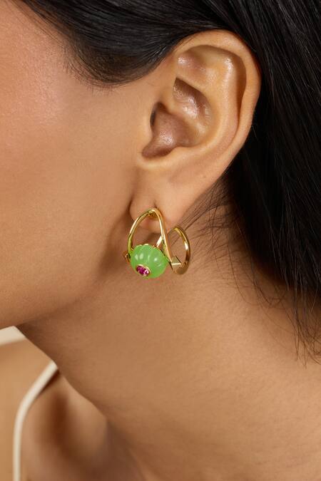 Shop_Isharya_Green Stones Verdant Charm Huggie Hoops_Online_at_Aza_Fashions