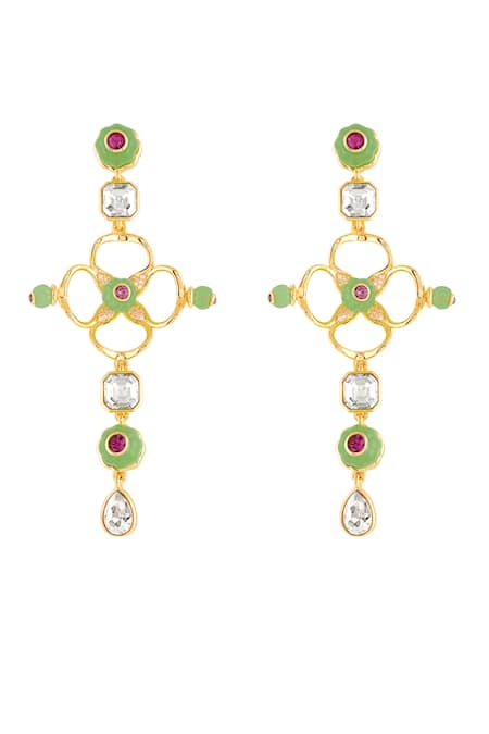 Shop Isharya Green Stones Botanic Brilliance Dangler Earrings at Aza Fashions Shop_Isharya_Green Stones Botanic Brilliance Dangler Earrings _at_Aza_Fashions