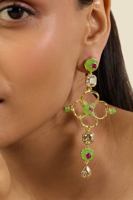 Shop Isharya Green Stones Botanic Brilliance Dangler Earrings Online at Aza Fashions Shop_Isharya_Green Stones Botanic Brilliance Dangler Earrings _Online_at_Aza_Fashions