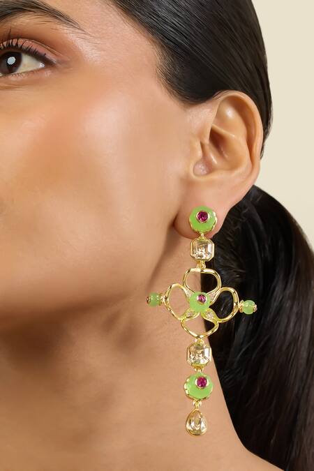 Isharya Green Stones Botanic Brilliance Dangler Earrings at Aza Fashions Isharya_Green Stones Botanic Brilliance Dangler Earrings _at_Aza_Fashions