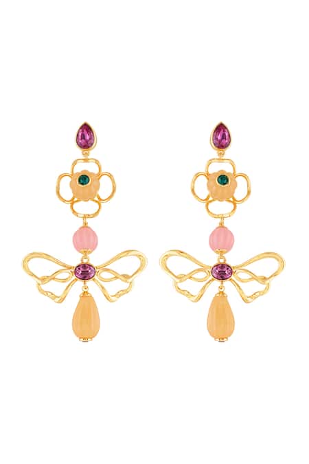Shop Isharya Pink Beads Dusky Bloom Dangler Earrings at Aza Fashions Shop_Isharya_Pink Beads Dusky Bloom Dangler Earrings _at_Aza_Fashions
