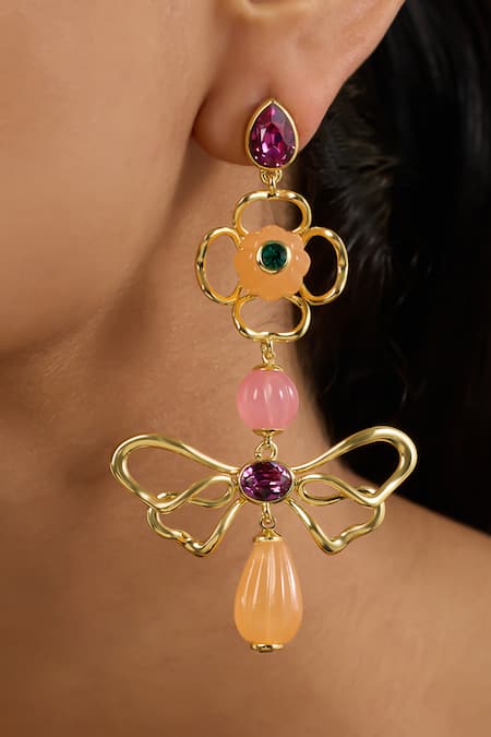 Shop Isharya Pink Beads Dusky Bloom Dangler Earrings Online at Aza Fashions Shop_Isharya_Pink Beads Dusky Bloom Dangler Earrings _Online_at_Aza_Fashions