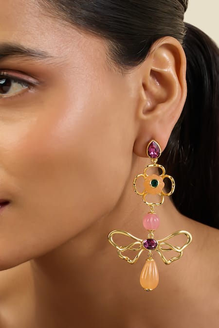 Isharya Pink Beads Dusky Bloom Dangler Earrings at Aza Fashions Isharya_Pink Beads Dusky Bloom Dangler Earrings _at_Aza_Fashions