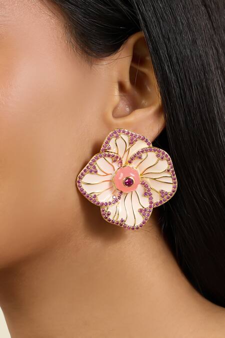 Shop Isharya Pink Stones Rosé Frost Stud Earrings Online at Aza Fashions Shop_Isharya_Pink Stones Rosé Frost Stud Earrings _Online_at_Aza_Fashions