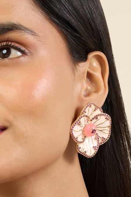 Isharya Pink Stones Rosé Frost Stud Earrings at Aza Fashions Isharya_Pink Stones Rosé Frost Stud Earrings _at_Aza_Fashions