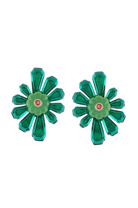 Shop Isharya Green Garden Gleam Stud Earrings at Aza Fashions Shop_Isharya_Green Garden Gleam Stud Earrings _at_Aza_Fashions