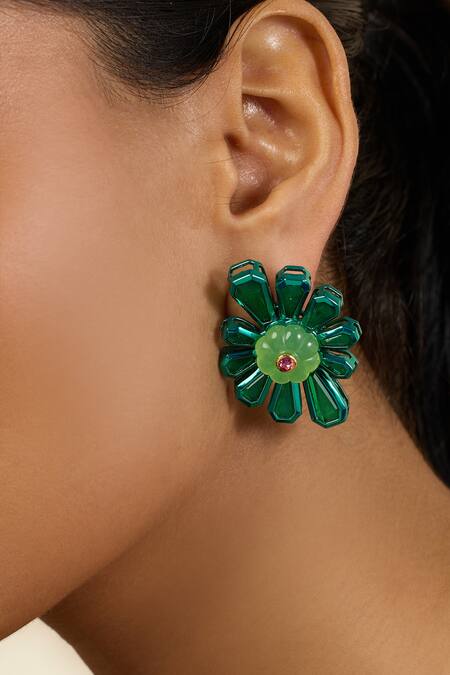 Shop Isharya Green Garden Gleam Stud Earrings Online at Aza Fashions Shop_Isharya_Green Garden Gleam Stud Earrings _Online_at_Aza_Fashions