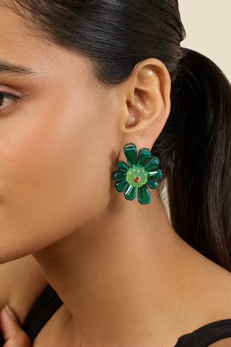 Isharya Green Garden Gleam Stud Earrings at Aza Fashions Isharya_Green Garden Gleam Stud Earrings _at_Aza_Fashions