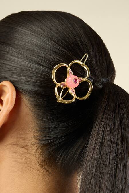 Shop Isharya Pink Beads Whimsical Blossom Hair Clip Online at Aza Fashions Shop_Isharya_Pink Beads Whimsical Blossom Hair Clip _Online_at_Aza_Fashions