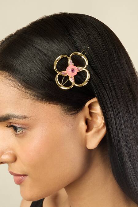 Isharya Pink Beads Whimsical Blossom Hair Clip at Aza Fashions Isharya_Pink Beads Whimsical Blossom Hair Clip _at_Aza_Fashions
