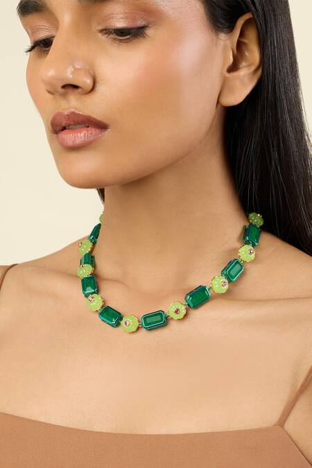 Shop Isharya Green Verdant Bloom Statement Necklace Online at Aza Fashions Shop_Isharya_Green Verdant Bloom Statement Necklace _Online_at_Aza_Fashions