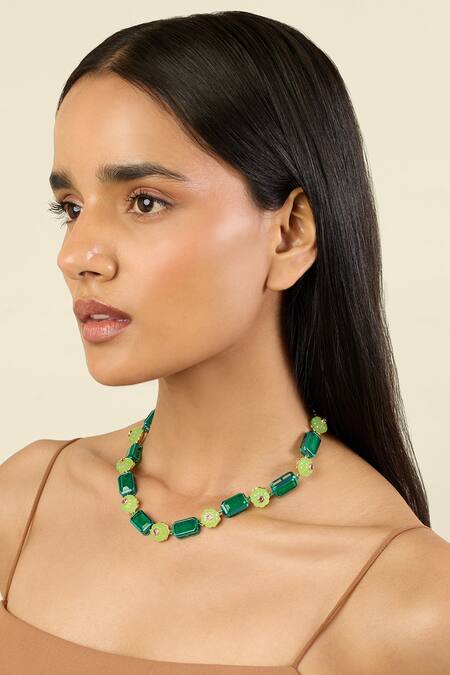 Isharya Green Verdant Bloom Statement Necklace at Aza Fashions Isharya_Green Verdant Bloom Statement Necklace _at_Aza_Fashions