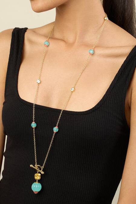 Isharya Blue Celestial Bloom Long Toggle Necklace at Aza Fashions Isharya_Blue Celestial Bloom Long Toggle Necklace_at_Aza_Fashions