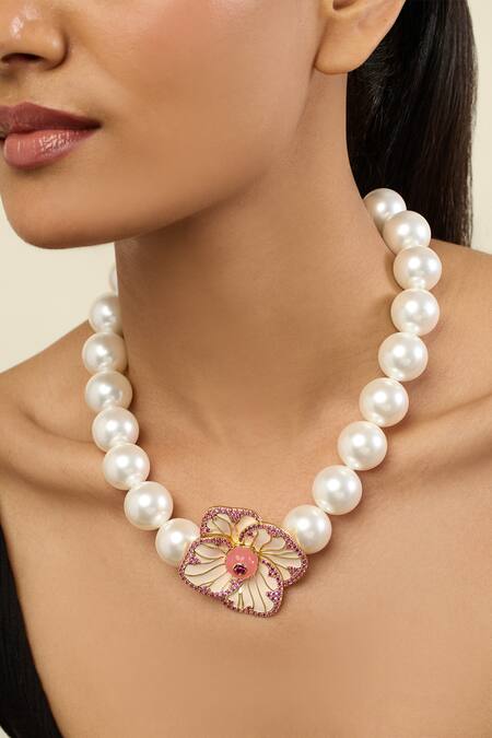 Shop Isharya Pink Floral Symphony Choker Necklace Online at Aza Fashions Shop_Isharya_Pink Floral Symphony Choker Necklace _Online_at_Aza_Fashions