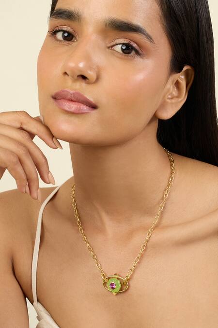 Shop Isharya Green Enchanted Blossom Pendant Necklace Online at Aza Fashions Shop_Isharya_Green Enchanted Blossom Pendant Necklace _Online_at_Aza_Fashions