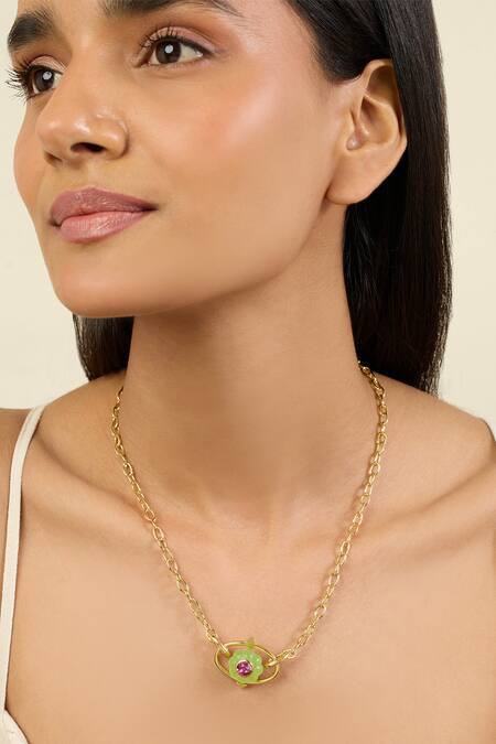Isharya Green Enchanted Blossom Pendant Necklace at Aza Fashions Isharya_Green Enchanted Blossom Pendant Necklace _at_Aza_Fashions
