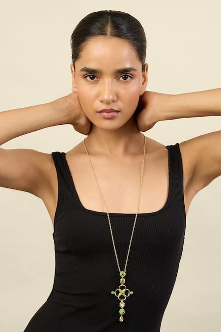 Shop Isharya Gold Plated Rosé Garden Pendant Necklace Online at Aza Fashions Shop_Isharya_Gold Plated Rosé Garden Pendant Necklace _Online_at_Aza_Fashions