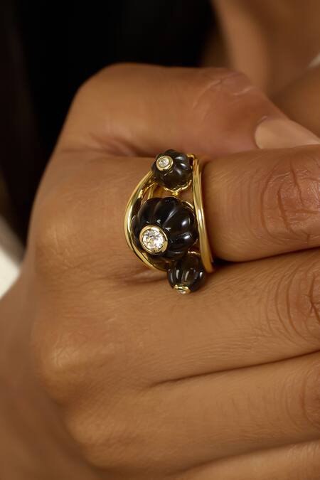 Shop Isharya Black Stones Noir Luxe 18k Gold Plated Ring Online at Aza Fashions Shop_Isharya_Black Stones Noir Luxe 18k Gold Plated Ring _Online_at_Aza_Fashions