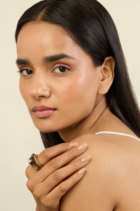 Isharya Black Stones Noir Luxe 18k Gold Plated Ring at Aza Fashions Isharya_Black Stones Noir Luxe 18k Gold Plated Ring _at_Aza_Fashions