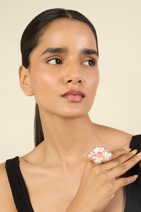 Isharya Pink Stones Blossom Reverie 18k Gold Plated Ring at Aza Fashions Isharya_Pink Stones Blossom Reverie 18k Gold Plated Ring _at_Aza_Fashions