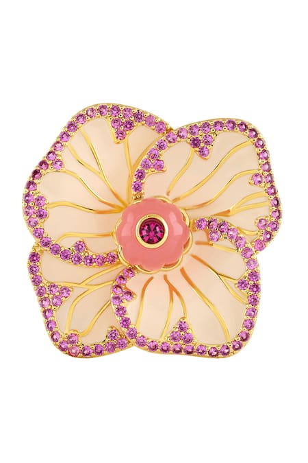 Shop Isharya Pink Stones Blossom Reverie 18k Gold Plated Ring at Aza Fashions Shop_Isharya_Pink Stones Blossom Reverie 18k Gold Plated Ring _at_Aza_Fashions