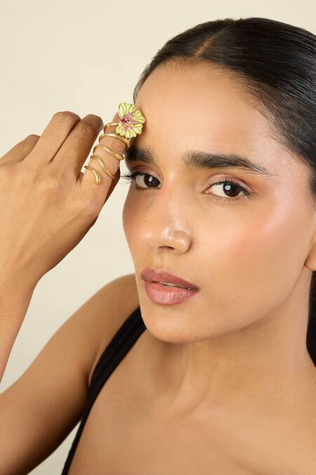 Shop_Isharya_Gold Plated Stones Floral Whimsy 18k Ring_Online_at_Aza_Fashions