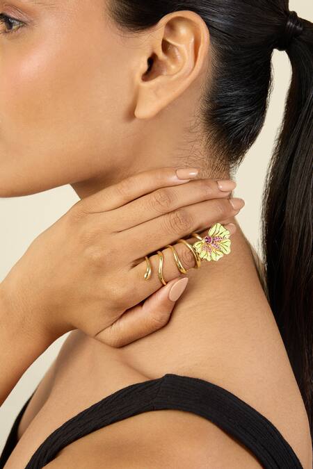 Isharya_Gold Plated Stones Floral Whimsy 18k Ring_at_Aza_Fashions