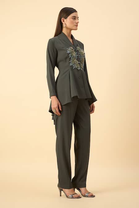 Aakaar Gray Modal, Polyester Embroidery Grey Moss Crepe Blazer And Pant Set Online at Aza Fashions Aakaar_Gray Modal, Polyester Embroidery Grey Moss Crepe Blazer And Pant Set _Online_at_Aza_Fashions