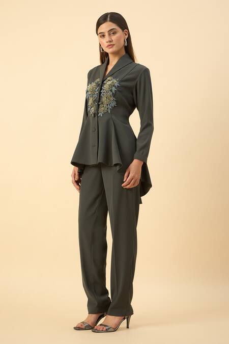 Buy Aakaar Gray Modal, Polyester Embroidery Grey Moss Crepe Blazer And Pant Set Online at Aza Fashions Buy_Aakaar_Gray Modal, Polyester Embroidery Grey Moss Crepe Blazer And Pant Set _Online_at_Aza_Fashions