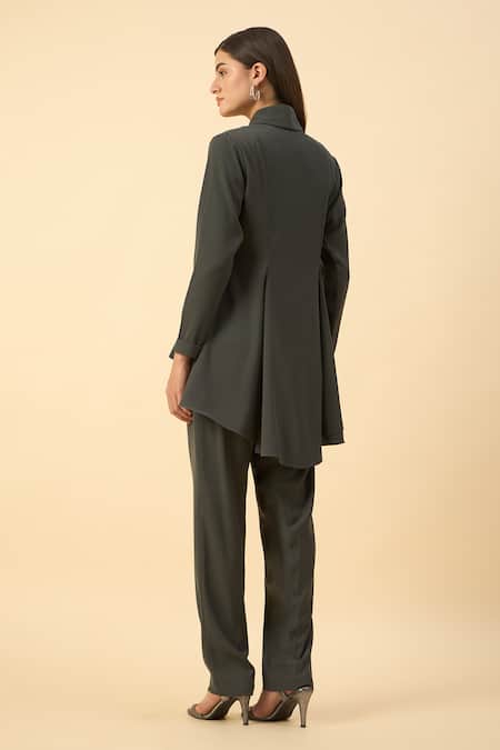 Shop Aakaar Gray Modal, Polyester Embroidery Grey Moss Crepe Blazer And Pant Set at Aza Fashions Shop_Aakaar_Gray Modal, Polyester Embroidery Grey Moss Crepe Blazer And Pant Set _at_Aza_Fashions