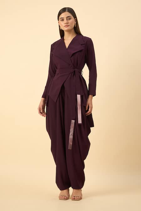 Aakaar_Purple Modal, Mohair Metallic Thread Moss Crepe Blazer Dhoti Set _Online_at_Aza_Fashions