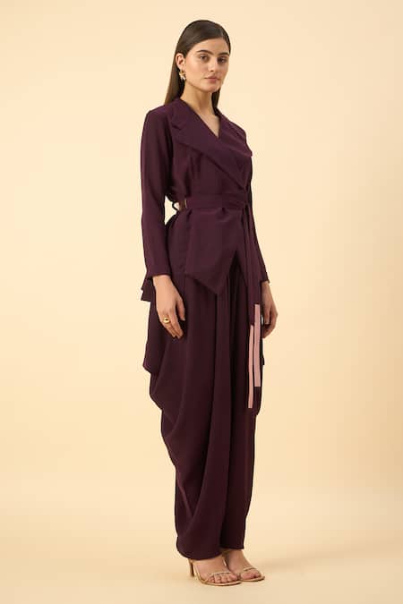 Buy_Aakaar_Purple Modal, Mohair Metallic Thread Moss Crepe Blazer Dhoti Set _Online_at_Aza_Fashions