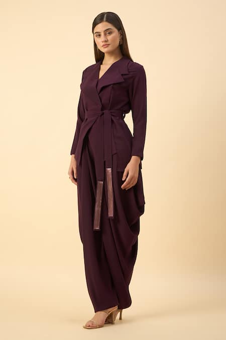 Shop_Aakaar_Purple Modal, Mohair Metallic Thread Moss Crepe Blazer Dhoti Set _Online_at_Aza_Fashions