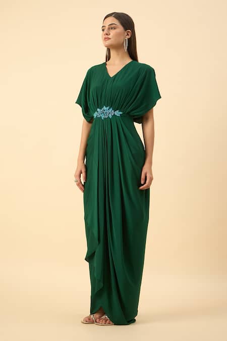Aakaar_Green Silk, Crepe Beads V-neck Draped Maxi Dress _Online_at_Aza_Fashions
